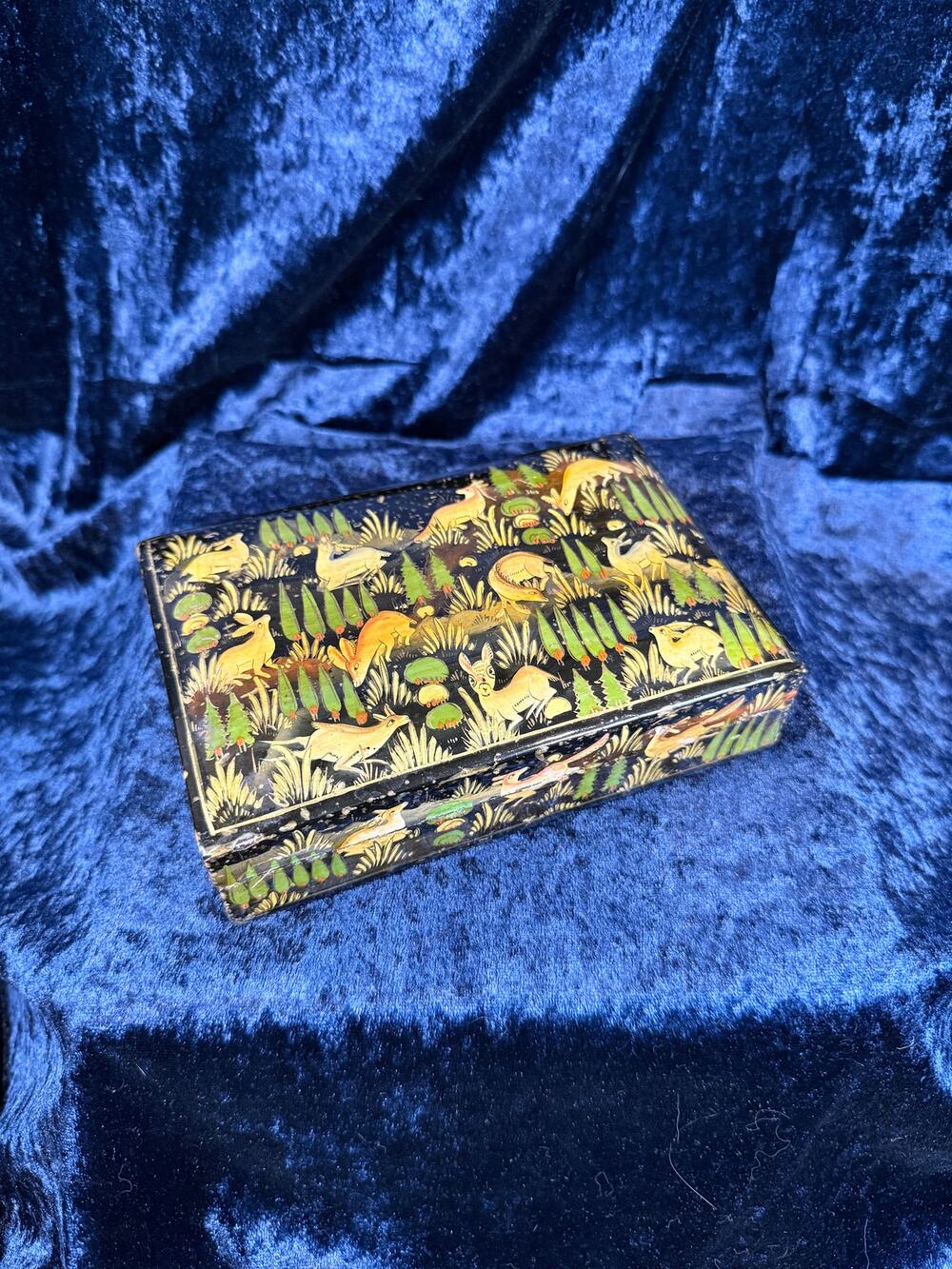 Vintage Papier-Mâché Trinket Box - Hand-Painted Kashmiri Woodland Animals